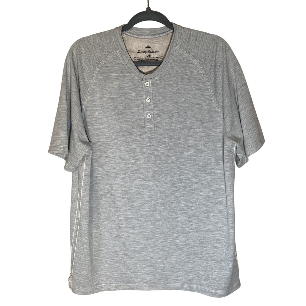 Tommy Bahama Henley Mens Large Gray Excellent Short Sleeve Raglan Stretch Shirt